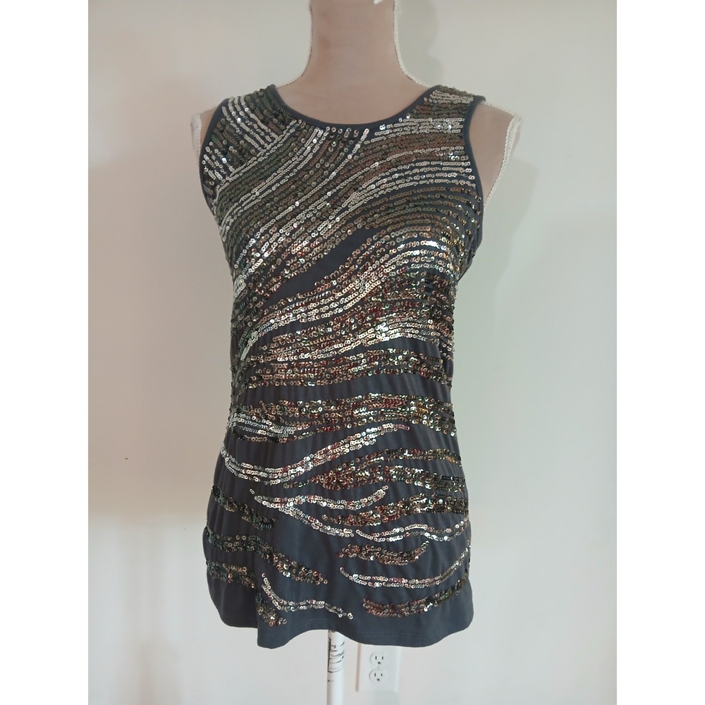 Cato Womens Gray Sequin Tank Top Sleeveless Metallic Wavy Pattern Small